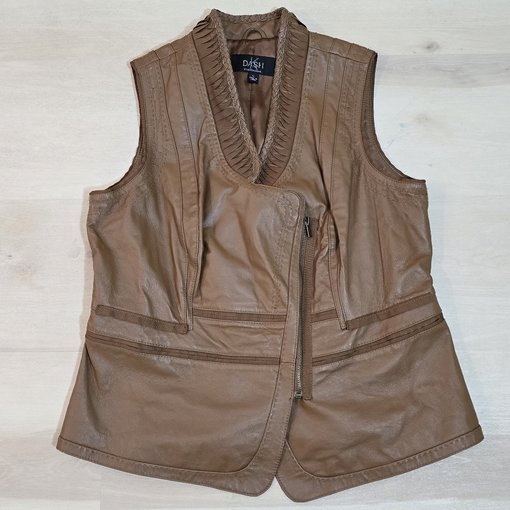 Dash Kardashian Genuine Leather Brown VNeck Asymmetrical Zip Womn L Cowgirl Vest